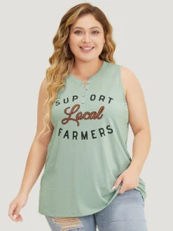 Letter Print Button Up Graphic Sleeveless Tank Top -Bloomchic Shop 873111349 tr