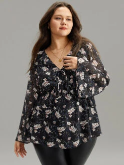 Ditsy Floral Ties Ruffles Elastic Waist Blouse -Bloomchic Shop 873595273 lo