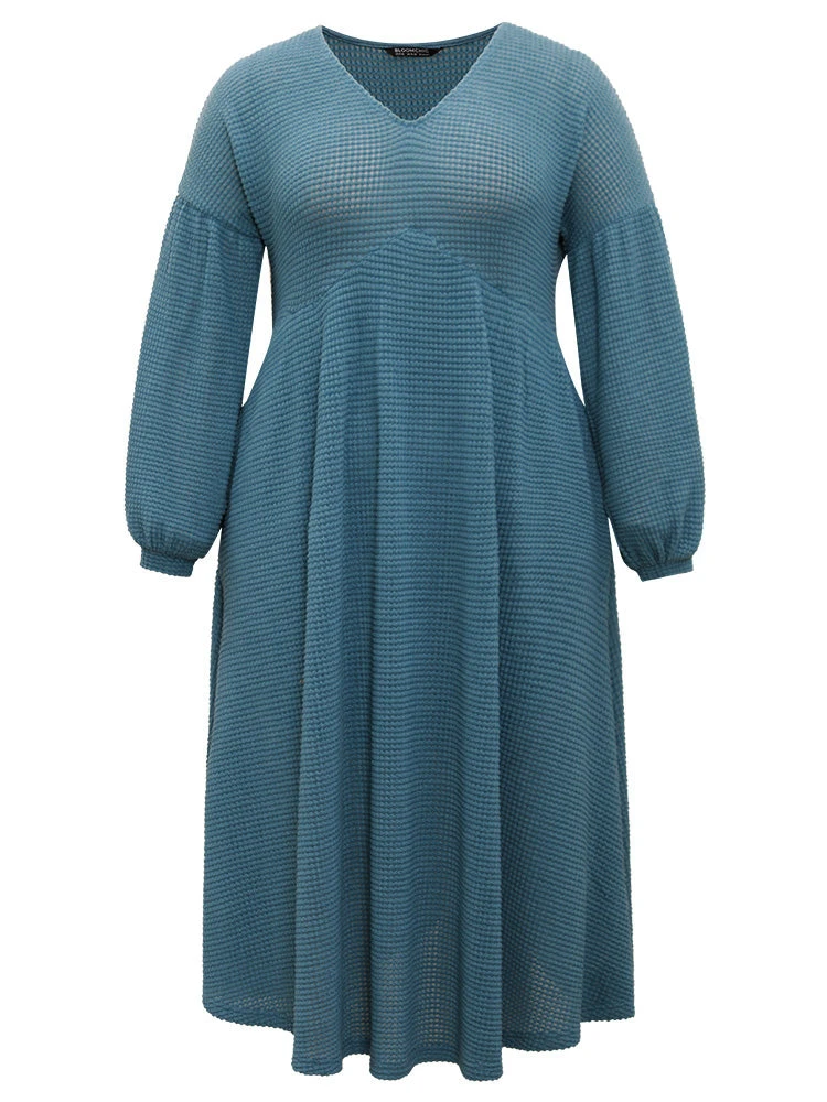 Solid Waffle Knit Pocket Lantern Sleeve Dress 11 Solid Waffle Knit Pocket Lantern Sleeve Dress - Image 9