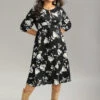 Silhouette Floral Print Texture Keyhole Lantern Sleeve Dress -Bloomchic Shop 874370463 vy