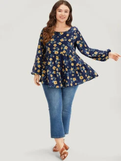 Floral Print Lantern Sleeve Gathered Blouse -Bloomchic Shop 875473507 zk