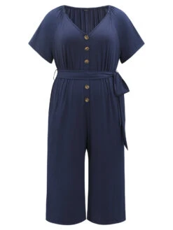 Solid Button Up V Neck Belted Gathered Flutter Sleeve Jumpsuit -Bloomchic Shop 875586718 fn