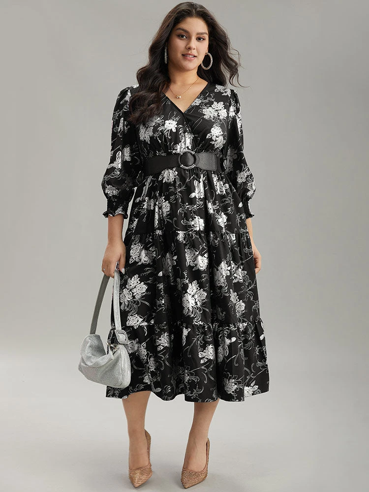 Silhouette Floral Print Glitter Wrap Shirred Dress 7 Silhouette Floral Print Glitter Wrap Shirred Dress - Image 5