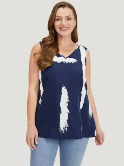 Brush Print V Neck Tank Top -Bloomchic Shop 876961867 ni