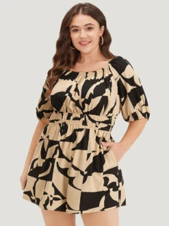 Geometric Shirred Pocket Elastic Waist Puff Sleeve Jumpsuit -Bloomchic Shop 878046255 na 05cc363b 64a9 49aa b233 5c9fca558d81