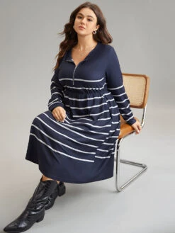 Striped Elastic Waist Pocket Zipper Dress -Bloomchic Shop 878491842 nt