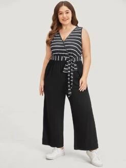 Striped Patchwork Pocket Wrap Belted Sleeveless Jumpsuit -Bloomchic Shop 878796650 sj