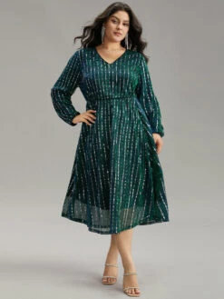 Sequin Mesh V Neck Elastic Waist Dress -Bloomchic Shop 879118376 gf