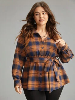Plaid Elastic Waist Shirt Collar Blouse