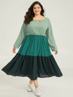 Colorblock Contrast Keyhole Layered Hem Dress -Bloomchic Shop 881347714 xr