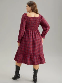 Gingham Square Neck Shirred Gathered Ruffles Dress -Bloomchic Shop 882743537 rb