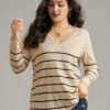 Striped Print V Neck T-Shirt -Bloomchic Shop 882859692 lv