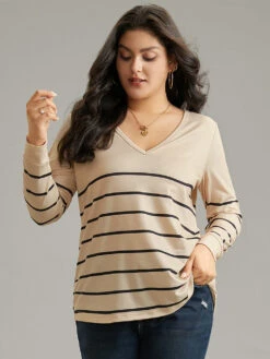 Striped Print V Neck T-Shirt