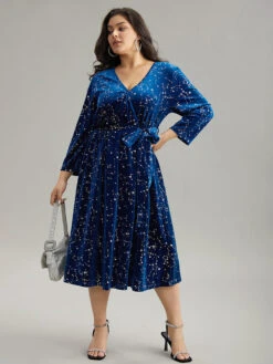 Star Glitter Velvet Wrap Pocket Belted Dress