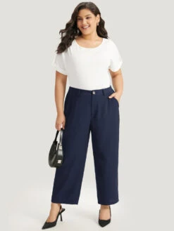 Plain Pocket Elastic Waist High Rise Pants -Bloomchic Shop 883033550 lx