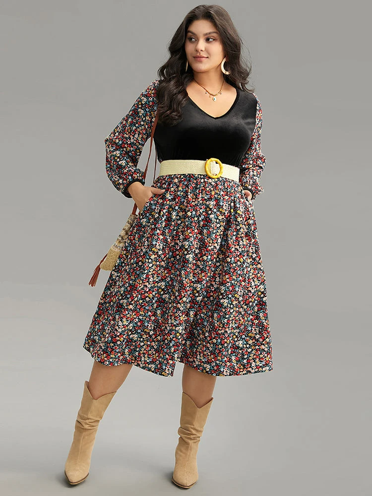 Ditsy Floral Velvet Patchwork Lantern Sleeve Dress 4 Ditsy Floral Velvet Patchwork Lantern Sleeve Dress - Image 2