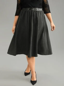 Solid PU Patchwork Pocket Elastic Waist Skirt -Bloomchic Shop 883868292 xx