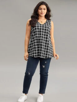 Gingham Print V Neck Tank Top -Bloomchic Shop 884064844 pr