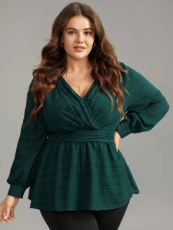 Plaid Wrap Ruched Lantern Sleeve Blouse -Bloomchic Shop 884202772 uz