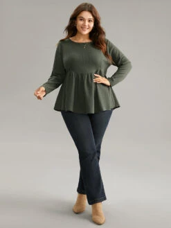 Plain Round Neck Waffle Knit Gathered T-shirt -Bloomchic Shop 884382342 re