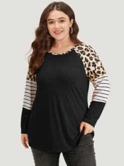 Striped Patchwork Leopard Print Crew Neck T-shirt 22 Striped Patchwork Leopard Print Crew Neck T-shirt -Bloomchic Shop 884399052 is