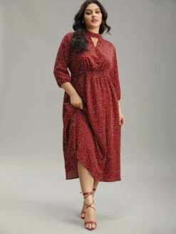 Polka Dot Keyhole Pocket Mock Neck Dress -Bloomchic Shop 884475261 gd