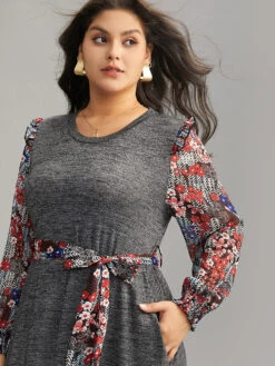 Ditsy Floral Patchwork Ruffle Trim Belted Dress -Bloomchic Shop 884750187 rv