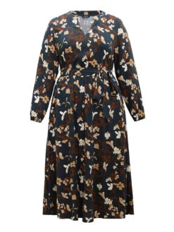Floral Print Notched Belted Lantern Sleeve Dress -Bloomchic Shop 886822512 bo