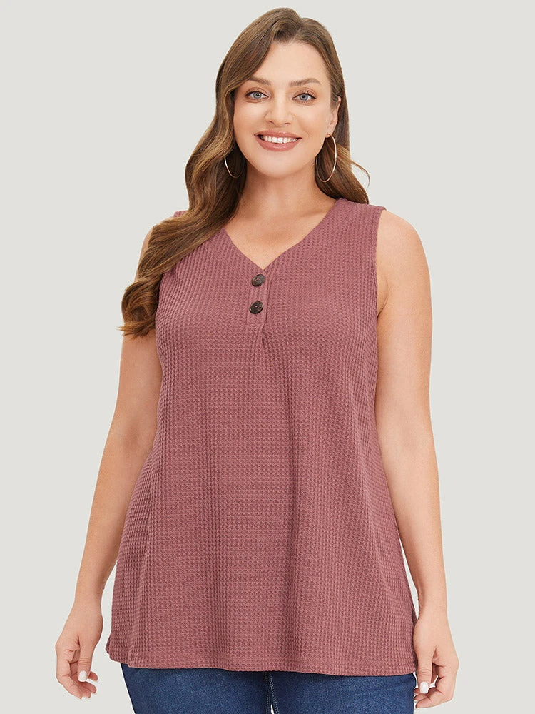 Waffle Knit Button Detail Plicated Detail Tank Top 3 Waffle Knit Button Detail Plicated Detail Tank Top