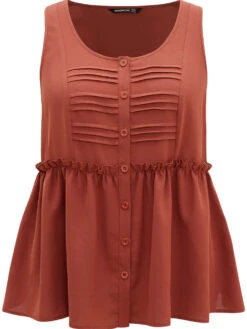 Solid Button Up Pleated Frill Trim Tank Top -Bloomchic Shop 887750096 ho