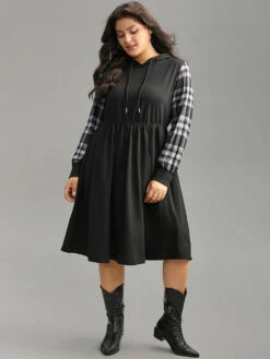 Plaid Patchwork Drawstring Pocket Hooded Dress -Bloomchic Shop 88797617 il