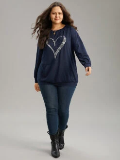 Leopard & Heart Print Crew Neck Sweatshirt -Bloomchic Shop 889582062 ko