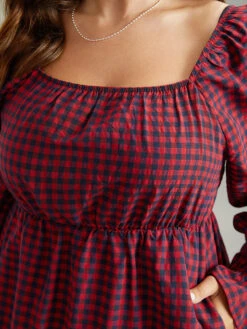 Gingham Square Neck Shirred Gathered Ruffles Dress -Bloomchic Shop 889875943 iy