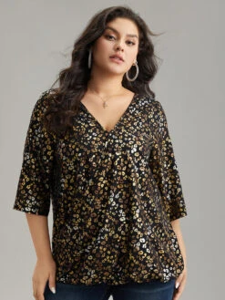 Leopard Glitter Wrap V Neck Blouse -Bloomchic Shop 889960055 vt