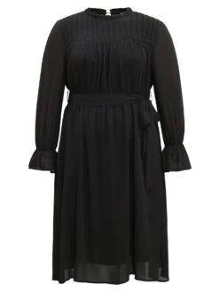 Plain Pleated Stand Collar Shirred Ruffles Dress -Bloomchic Shop 890535947 wc