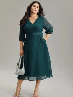 Solid Texture Pocket Belted Mesh Patchwork Dress -Bloomchic Shop 890678677 xn