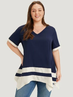 Anti-Wrinkle Two Tone Hanky Hem Blouse -Bloomchic Shop 89110507 gt