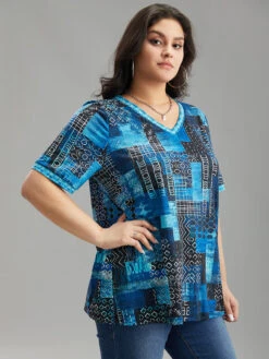 Geometric Print V Neck T-shirt -Bloomchic Shop 891189722 eh