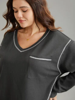 Contrast Stitch Waffle Knit Curved Hem T-shirt -Bloomchic Shop 891832036 pr