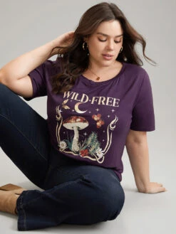 Moon & Star Plants Print Crew Neck T-shirt -Bloomchic Shop 891968376 xa