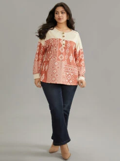 Boho Print Patchwork Contrast Button Up Sweatshirt -Bloomchic Shop 892514077 ov