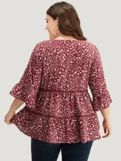 Silhouette Floral Print Lace Patchwork Square Neck Flutters Blouse -Bloomchic Shop 892830428 qd