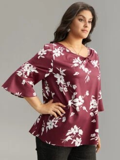 Silhouette Floral Print Ruffle Sleeve Twist Front Blouse -Bloomchic Shop 893843001 uv