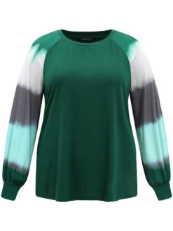 Tie Dye Contrast Round Neck Raglan Sleeve T-shirt -Bloomchic Shop 894655078 hv
