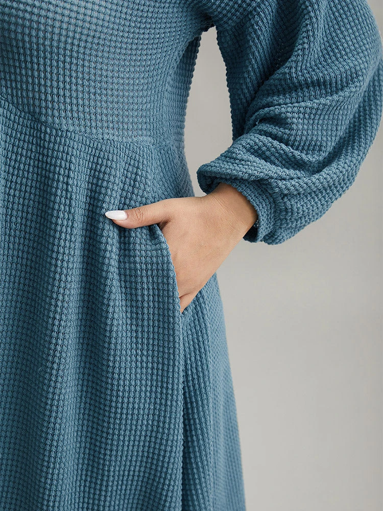 Solid Waffle Knit Pocket Lantern Sleeve Dress 10 Solid Waffle Knit Pocket Lantern Sleeve Dress - Image 8