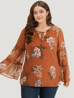 Floral Print Knot Neck Frill Trim Mesh Bell Sleeve Blouse -Bloomchic Shop 895301805 xm