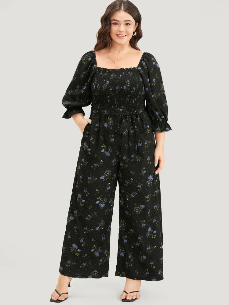 Floral Print Shirred Belted Square Neck Frill Trim Jumpsuit 3 Floral Print Shirred Belted Square Neck Frill Trim Jumpsuit
