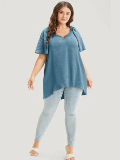 Plain Notched High Low Hem Ruffle Sleeve Frill Trim Blouse -Bloomchic Shop 896101024 en