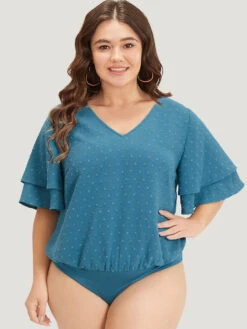 Polka Dot V Neck Ruffle Layered Sleeve Bodysuit