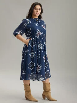 Geometric Mesh Stand Collar Frill Trim Dress -Bloomchic Shop 897419400 jc